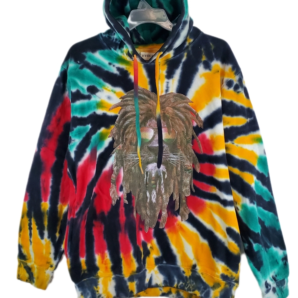 Evolution In Design Tie Dye Hoodie RASTA Jamaican Lion Face XXL NWT Hippie BOHO